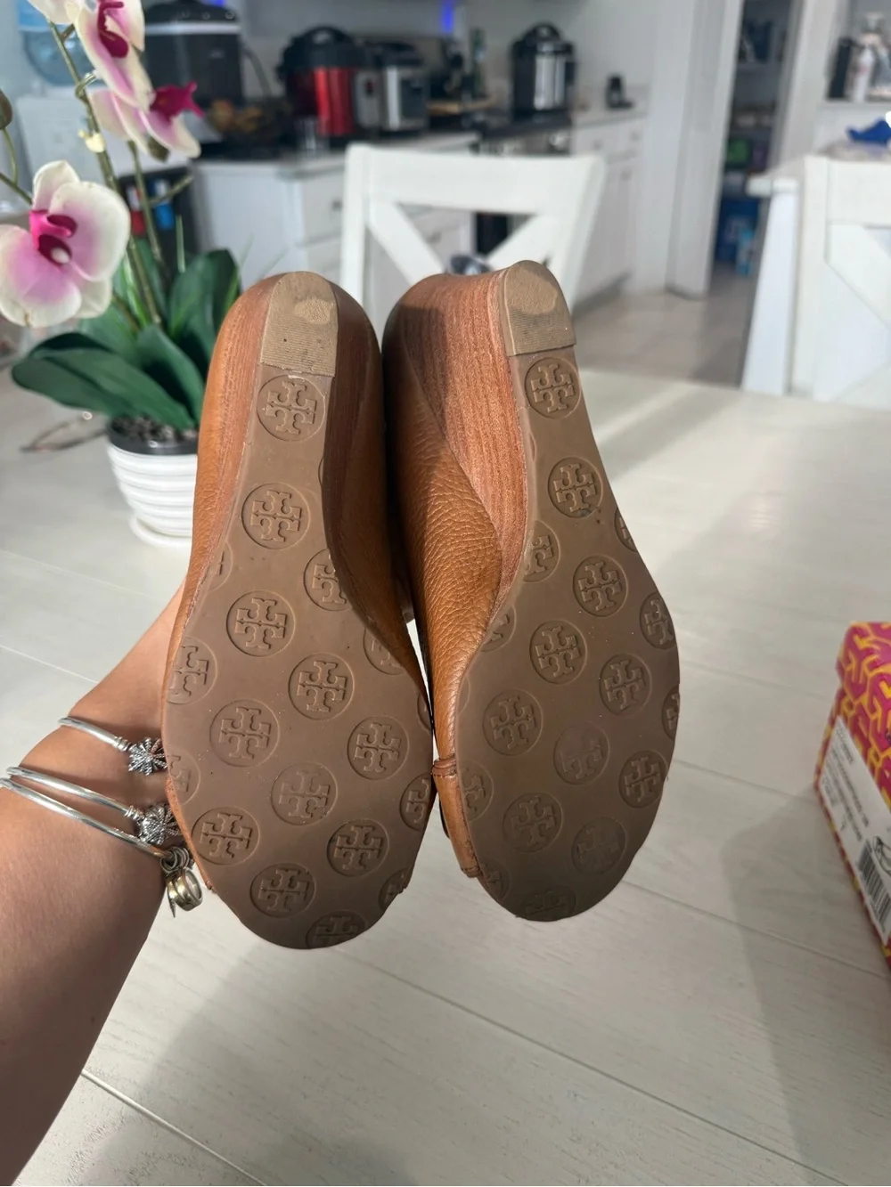 Tory Burch Tan Leather Logo Peep-Toe Wedges